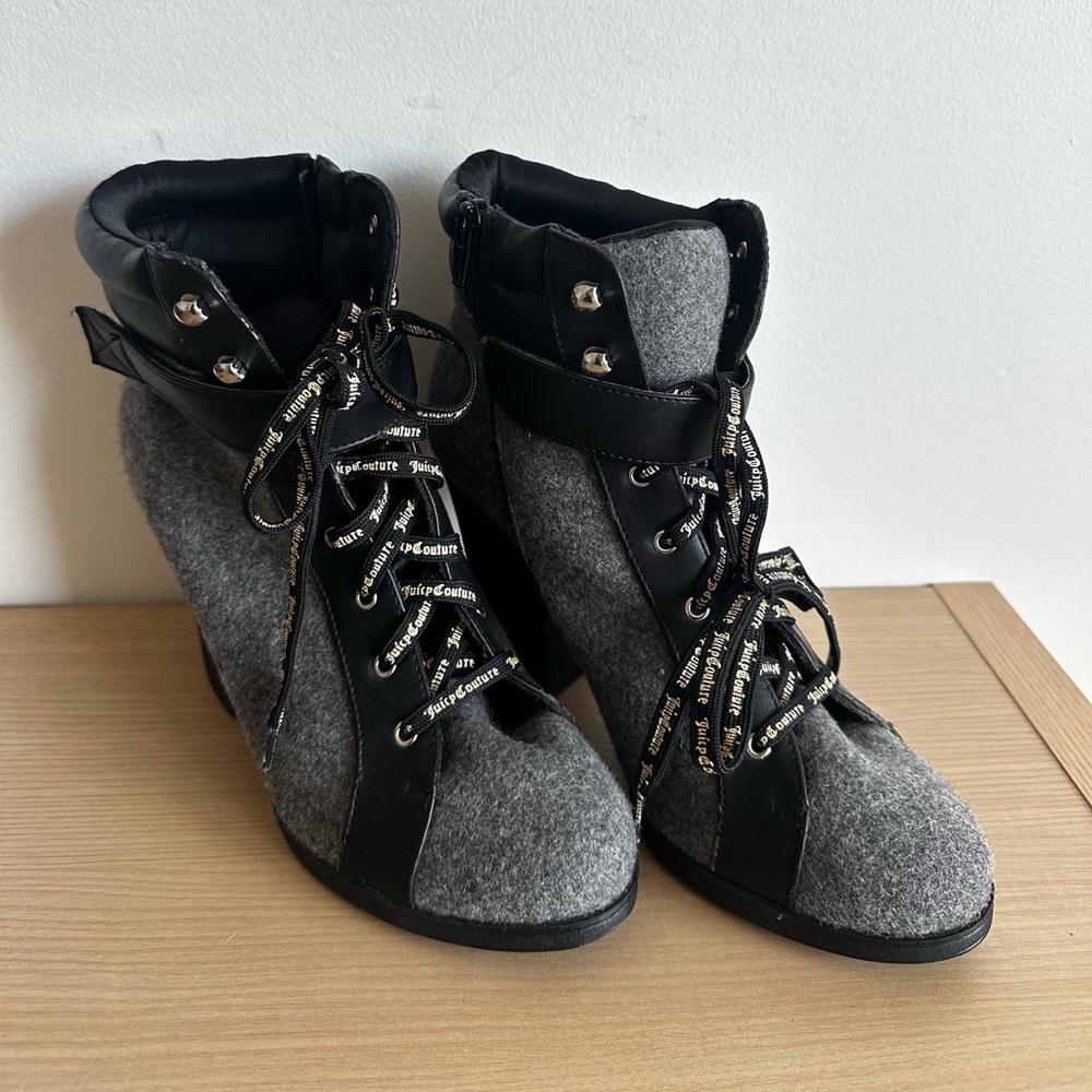 JUICY COUTURE Jessi Grey Boots Women's size 9.5 Lace-up side zipper black bootie